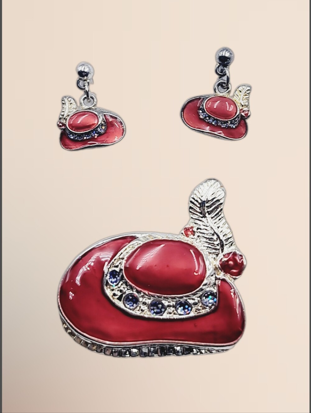 Red & Blue Rhinestones Brooch and Pierced Earrings Set w/ a Feather 3-Pc Set